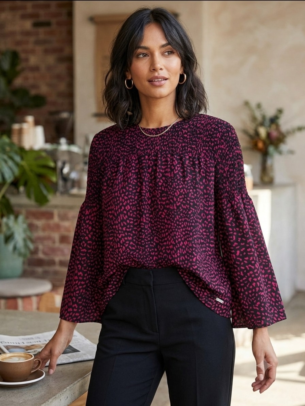 MICHAEL Michael Kors Burgundy and Pink Smocked Yoke Blouse
